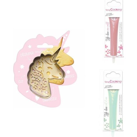 Kit pour biscuit en relief Licorne + 2 Stylos au chocolat rose pastel et vert d'eau