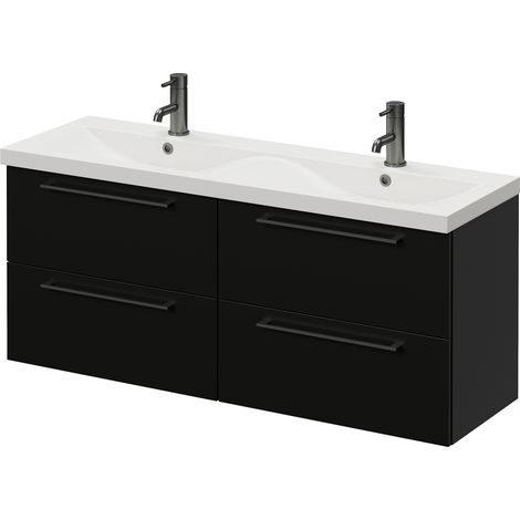 Napoli 390 Matt Black 1200mm Wall Mounted 4 Drawer Vanity Unit with Double Glide Basins - 1200mm - Gunmetal Grey 320mm Handle