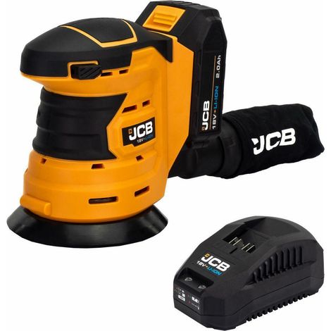 Akku-Exzenterschleifer JCB 18 V, Holz- und Metallwerkzeug, Drehzahl de bis zu 10.000 U/min, Teller de 125 mm, Staubabsaugung de, Akku 2,0 Ah.