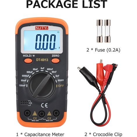 Testeur de capacité numérique NJTY avec écran LCD rétroéclairé, haute précision, 600 pF à 100 mF, 6000 points, kit de test avec pinces crocodiles et fusibles 0,2 A (1/5)