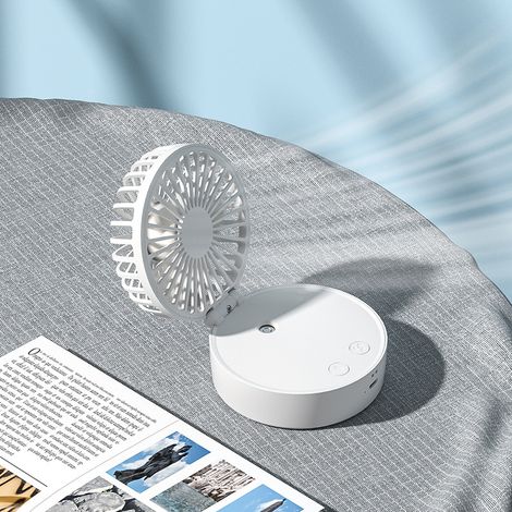Mini ventilateur vertical pliable 3 en 1 blanc avec batterie de 5000 mAh, doté d'une inclinaison verticale de 110°, d'une fonction d'humidification et d'un éclairage d'ambiance coloré (1/3)