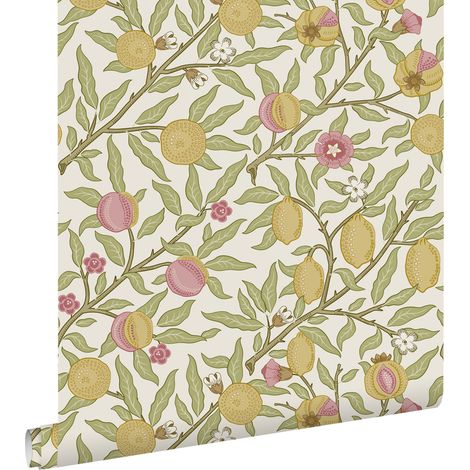 papier peint des fruits et des feuilles exotiques vert, rose et jaune ocre  - ESTAhome (1/5)