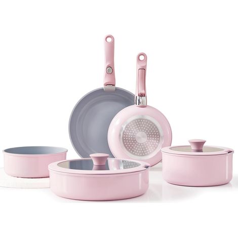 ensemble de casseroles poêles 9 pièces antiadhésive avec poignée amovible, ensemble de cuisinière en céramique avec couvercle, non toxique four sûr, idéal pour l'induction et le camping, Rose (1/5)