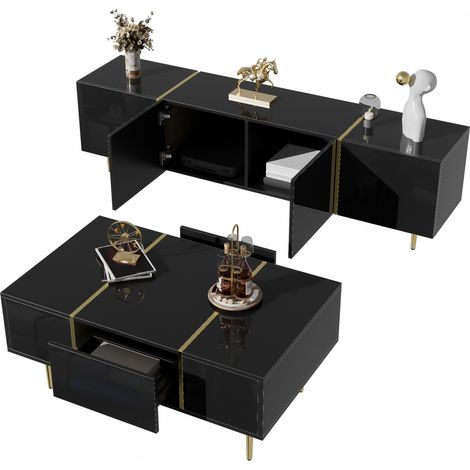 Meuble TV et table basse noir brillant, ensemble moderne avec rangements, portes à fermeture douce et détails dorés pour salon élégant - CHICFURN (1/5)