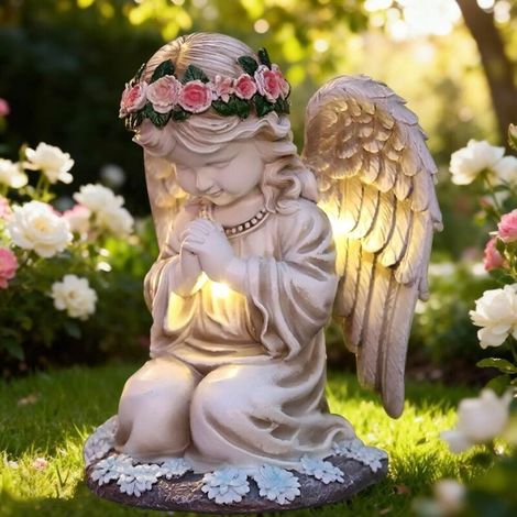 1 Statue Ange Solaire,Résine Imperméable,Lumière LED Auto,Capteur Crépusculaire,Jardin,Cimetière