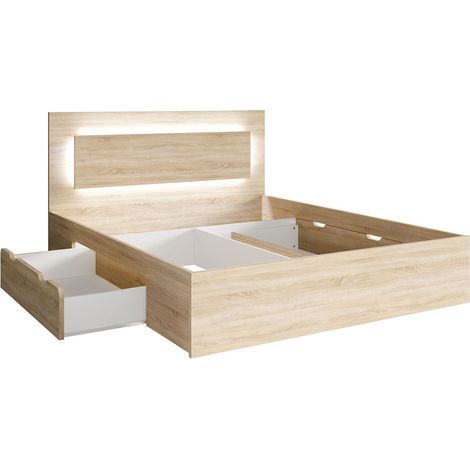 Bett 140x200 cm in Eiche FAIDO-166, Kopfteil mit LED-Beleuchtung (1/2)