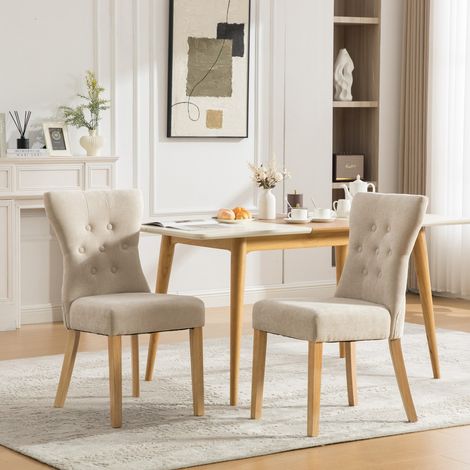 Chaises salle à manger design haut gamme bois massif tissu chenille pieds bois détails cloutés lot 2 beige dimensions 62x46x92,5cm (1/5)
