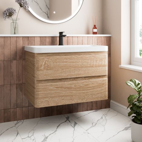 Wood Effect Bathroom Furniture Vanity Unit with Basin Sink Cabinet Storage 800mm Wall Hung (1/5)