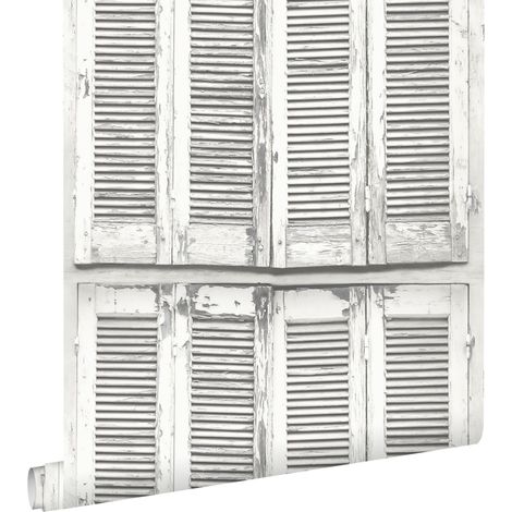 papier peint persiennes altérées en bois rétro vintage gris chaud clair et blanc mat  - ESTAhome (1/5)