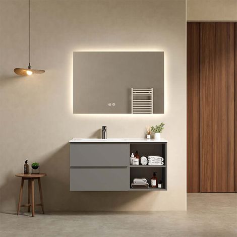 Mobile bagno sospeso 100 cm Grigio Londra Lavabo a Sinistra in Ceramica Specchio Quadro Retroilluminato - Fiji Paint Plus (1/4)