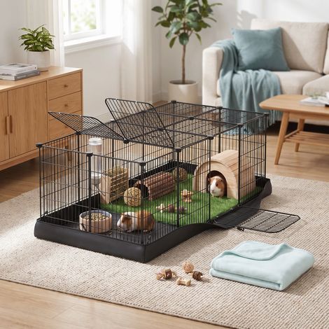 Cage à hamster, Cage à Lapin, 20 Panneaux, Tapis Imperméable, Double Porte, Noir d'encre (1/5)