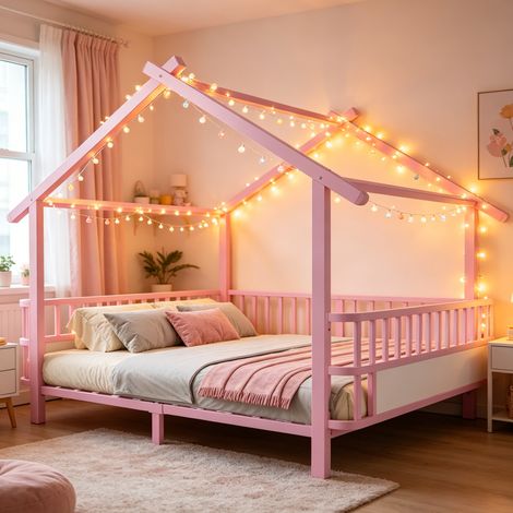 Lit cabane enfant 140x200cm avec cadre toit-garde-corps latéraux-sommier à lattes-sans matelas-Métal-Rose (1/5)