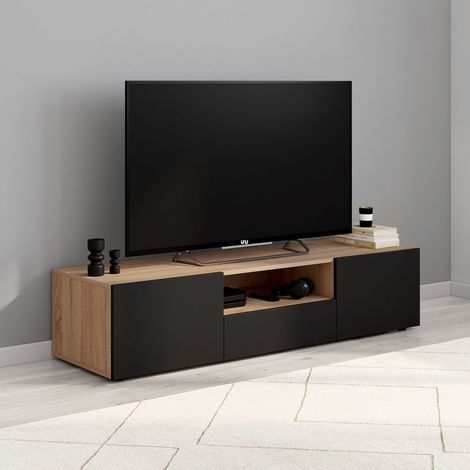 Mueble de TV ELI 140 cm en madera de haya con puertas negras