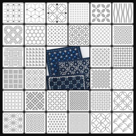 Ensemble de 32 pochoirs en plastique pour motifs géométriques Sashiko, pochoirs de 13 x 13 cm pour le quilting à la main, la broderie et la création textile.