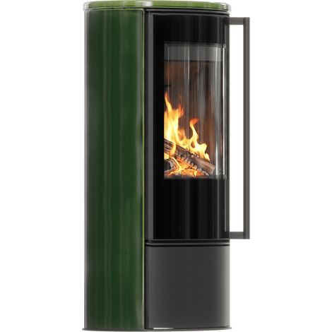 Freistehender Kaminofen ERIK 5,5 kW 150 cm, grüne Kachel, Kachelabdeckung, schwarz Verkleidung, mit Türfeder (1/5)