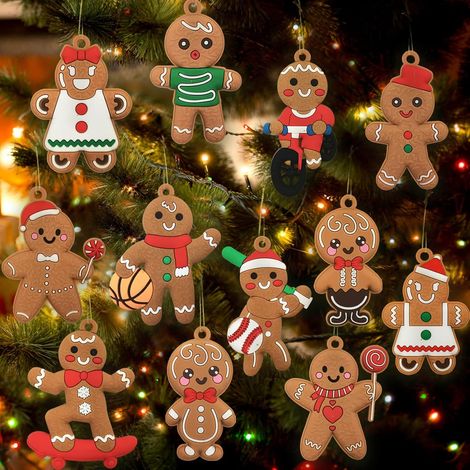 Juego de 12 figuritas de hombrecitos de jengibre para decorar tu árbol de Navidad. Figuritas de plástico surtidas, de 7,6 cm de altura.