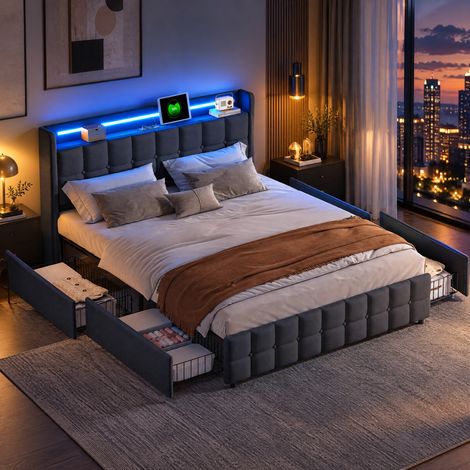 JOOKGBD-Bett 160 x 200 cm,Doppelbett mit 4 Schubladen und LED und USB Beleuchtung,Erwachsenenbett,gepolstertes Bett mit Stauraum,Bettkasten, gepolstertes Kopfteil,Holzlattenrost,Leinen,Grau (1/5)