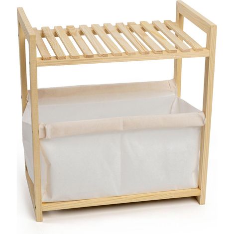 Holz Badezimmerregal natur mit Stoffkorb - 39 x 36 cm - Standregal im Scandi-Design klein mit Ablage und Korb