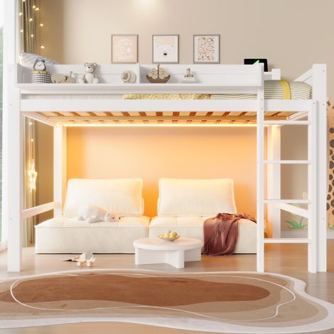 Lit mezzanine 140x200 cm blanc avec étagères, éclairage LED et port USB, structure en bois