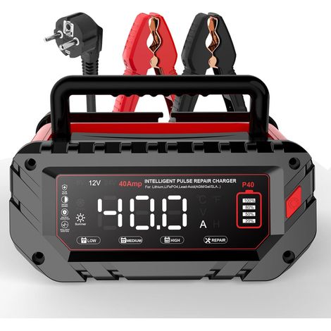 Chargeur de batterie de voiture 40A 6V/12V/24V Chargeur intelligent avec écran LCD, soignant de batterie, charge de maintien et désulfatation pour AGM, lithium, LiFePO4, plomb-acide (moto (1/5)