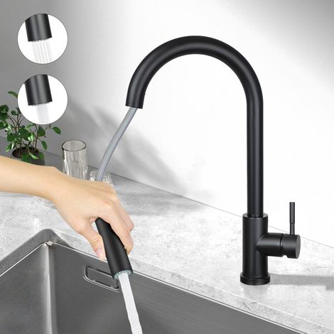Grifo de cocina - GBLY con mango de ducha extensible, mezclador de lavabo de alta presión, grifo de cocina de acero inoxidable con chorro doble y giratorio a 360 °, Negro (1/5)