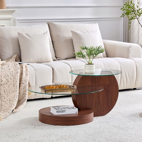 Table basse, en MDF et verre, noyer, pour maison et usage quotidien, plusieurs coloris au choix.-Mi, style moderne, rangement pratique