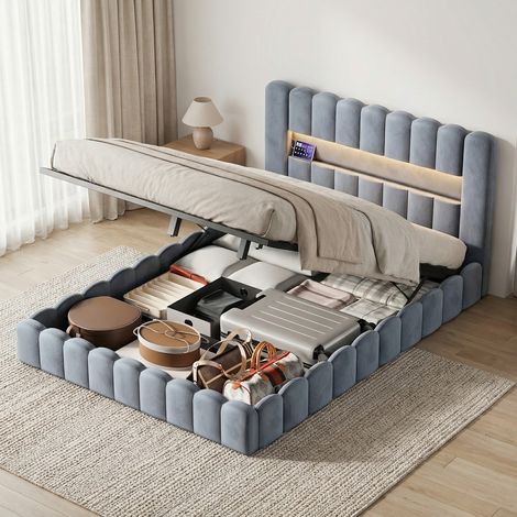 Letto contenitore 180x200, letto matrimoniale con illuminazione LED e porte USB/Type-C, letto per adulti capitonné con apertura idraulica, velluto, stile moderno scandinavo, Grigio