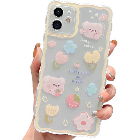 Coque iPhone 12 à motif floral et ours jaune ondulé - Design esthétique mignon pour femmes et filles (1/5)