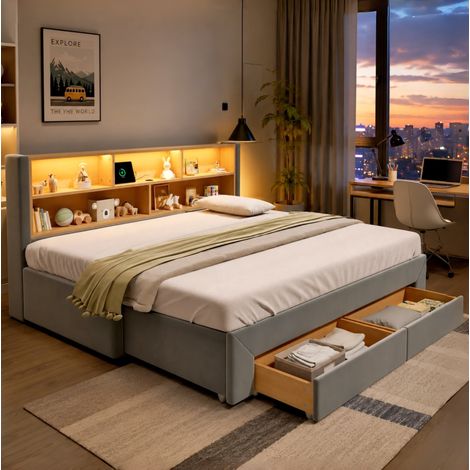 Cama nido extensible con cajones, puerto USB y luz LED, terciopelo gris, 201x108.5x83 cm (1/5)