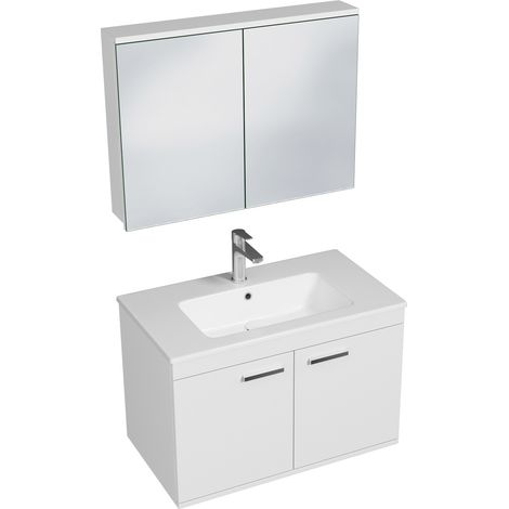 RUBITE Meuble salle de bain simple vasque 2 portes blanc largeur 80 cm + miroir armoire