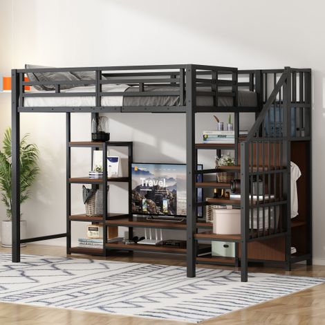 Lit mezzanine - lit 90x200 cm - lit enfant avec prise électrique et échelle de sécurité - en métal et bois - noir - sans matelas