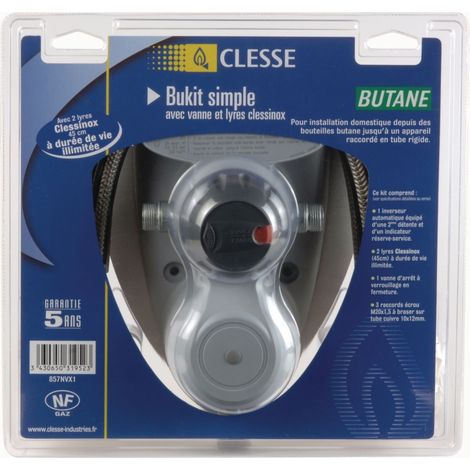 Kit d'Installation Domestique pour Bouteille Butane CLESSE Détente avec Vanne et Lyres en Inox Bukit S - 857NVX1