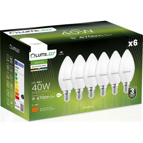 6 lampadine LED E14 a candela B35 5W = 40W 470lm 4000K Neutro 180° lumiled (1/5)