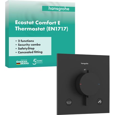 Ecostat Comfort E - Mitigeur de douche thermostatique incl. combinaison de sécurité, Robinet de douche encastré avec arrêt de sécurité à 40°C, 2 sorties, Noir mat, 33716670 (1/5)