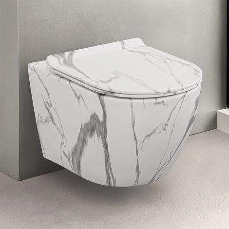 WC sospeso Rimless in ceramica marmorizzata bianca con sedile Tokyo (1/5)