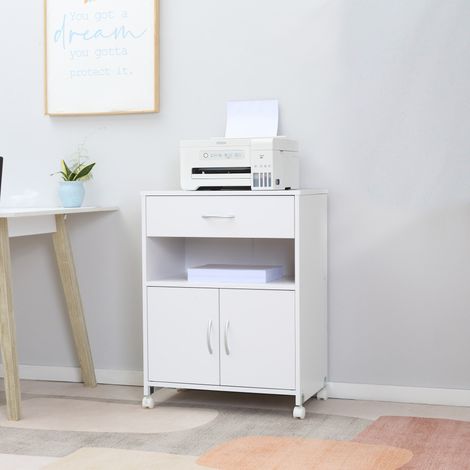 Armoire à imprimante avec tiroir et armoire - 60x39x80cm - meuble bas en bois polyvalent avec 4 roues - blanc (1/4)