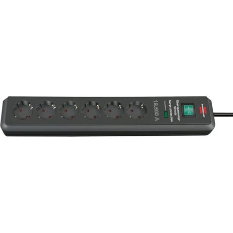 Regleta de enchufes secure-tec de 6 contactos con protección contra sobretensiones (regleta de enchufes con cable de 2 m e interruptor, engineered in germany) gris