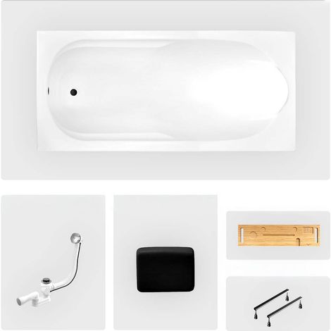 Rechteckige Badewanne - 140 x 70 cm - ohne Verkleidung - mit Füßen - Kopfstütze - Bambusablage - Chromablauf - BONA