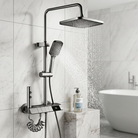 Colonne de douche thermostatique - 4 en 1 - Constante Mitigeur LED - Commande Piano - Inox - Hauteur réglable (1/5)