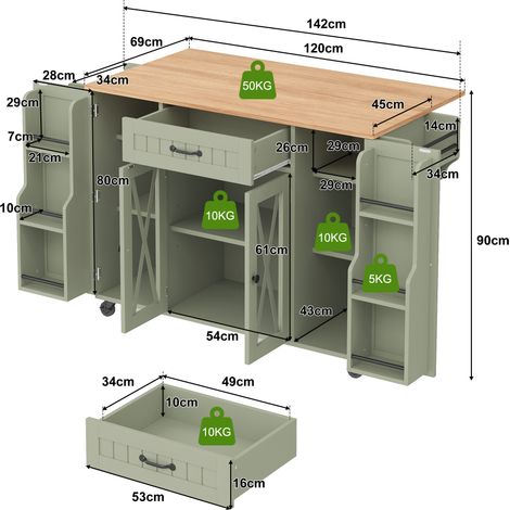 Mobile Kücheninsel 120 x 69 x 90 cm aus grünem MDF mit klappbarer Platte – MEUBLIV (1/5)
