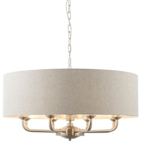 Endon Highclere Lampada da soffitto a sospensione con paralume singolo, piastra cromata spazzolata, lino naturale (1/5)