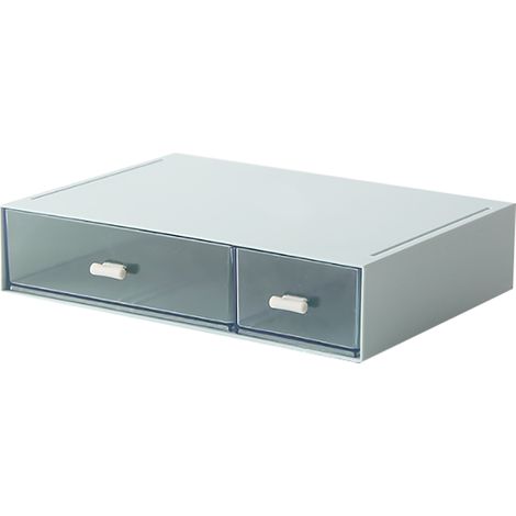 Organiseur de bureau à 2 tiroirs, boîte de rangement empilable en plastique, bleu, idéal pour ranger cosmétiques et fournitures de bureau. (1/5)