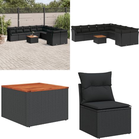 11-tlg. Garten-Sofagarnitur mit Kissen Schwarz Poly Rattan - Gartenmöbel Set - Outdoor Möbel - Rattan Sofa - Lounge Set - Esstisch - Home & Living (1/5)