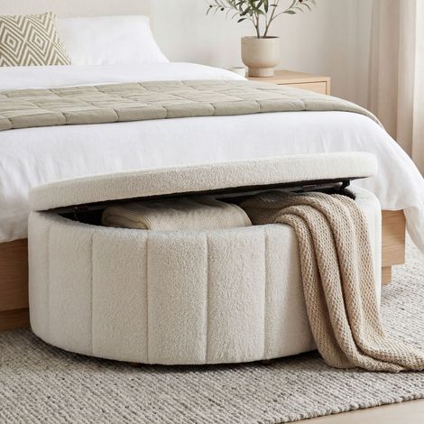 Banquette rembourrée, grand rangement, bouclé, crème 108x48x40cm