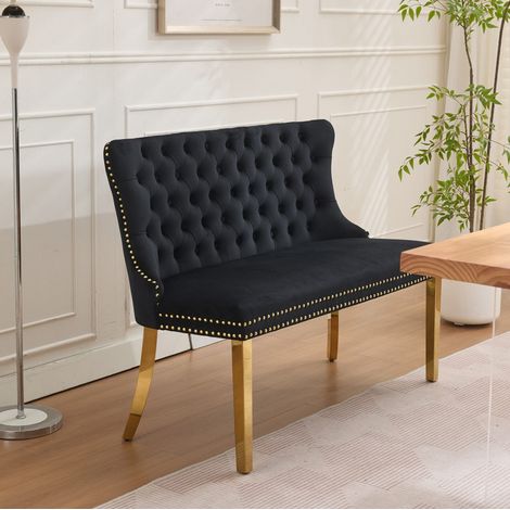 2-Sitzer-Sitzbank fürs Esszimmer mit handgefertigten Knöpfen, Flügelrückenlehne, Füßen aus goldplattiertem Stahl, schwarzem Velours (1/5)