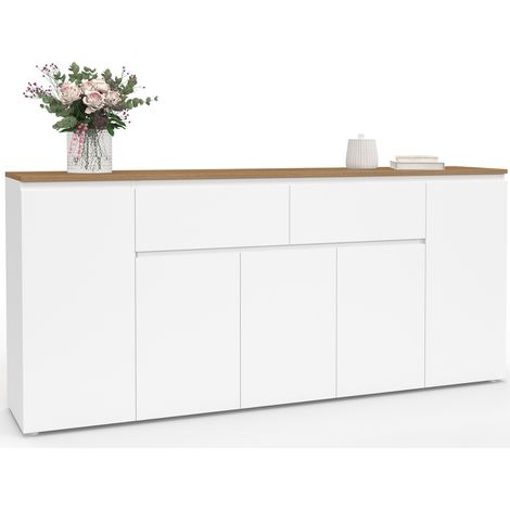 Buffet 180 cm TOBY 5 portes et 2 tiroirs blanc et plateau bois (1/5)