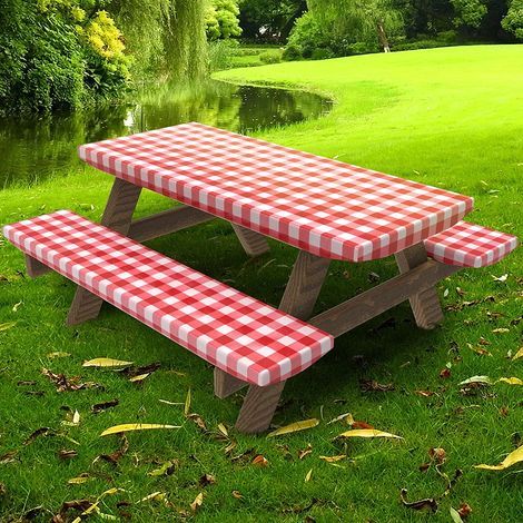 Nappe de pique-nique avec housses de banc assorties, nappes ajustées pour tables rectangulaires de 1,80 m, envers en flanelle de vinyle avec bord élastique - pour fêtes et repas en extérieur/intérieur