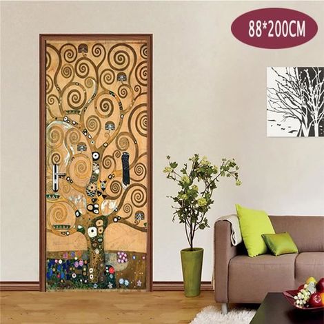 Sticker Porte Trompe l'oeil Effect 3D,L'arbre de vie pour Décoration Mur Salon Cuisine Chambre Salle de Bain Papier Peint 88X200cm (1/4)