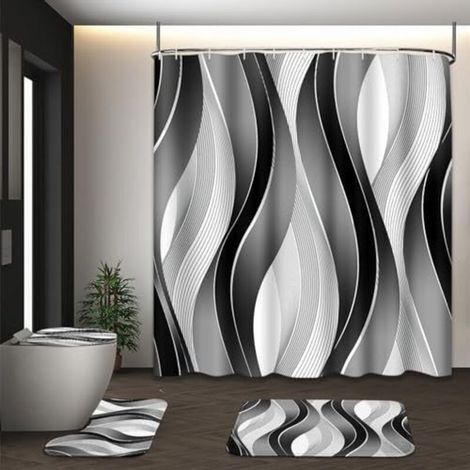 Cortina de ducha estrecha, antimoho, con diseño abstracto de rayas rojas, impermeable, lavable y con 6 ganchos, 180 x 180 cm