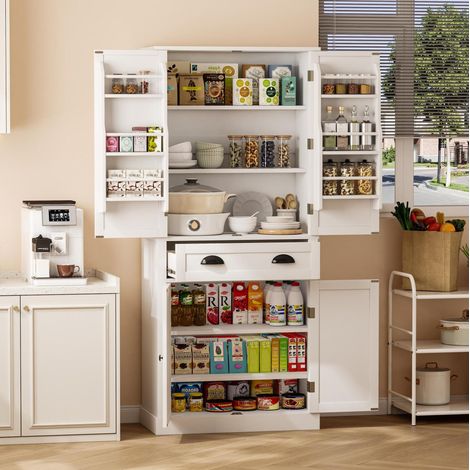 Buffetschrank 80x40x182 cm weiß aus MDF mit 4 Türen, 1 Schublade und verstellbaren Einlegeböden